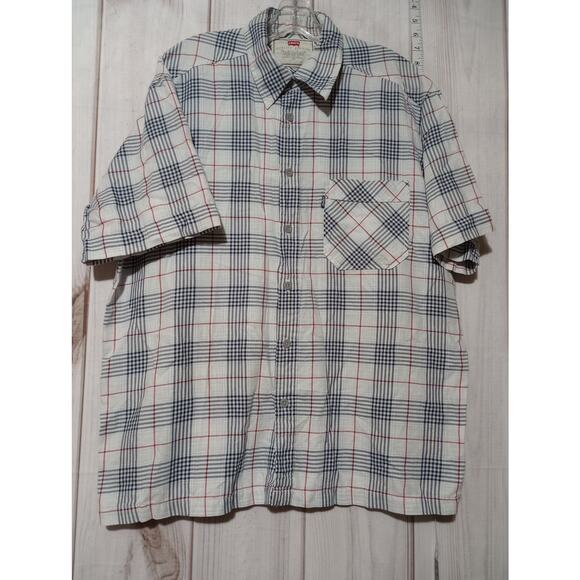 Levis Shirt Mens Large Blue Red White Plaid Button Up Short Sleeve Soft Cotton‎ - Picture 1 of 8